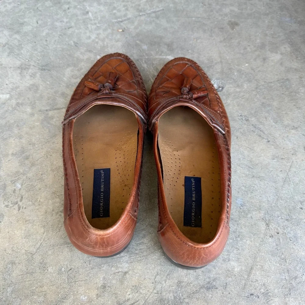 Giorgio Brutini‎ Mens 11D Woven Leather Tassel Loafers Tan Brown Slip On Shoes